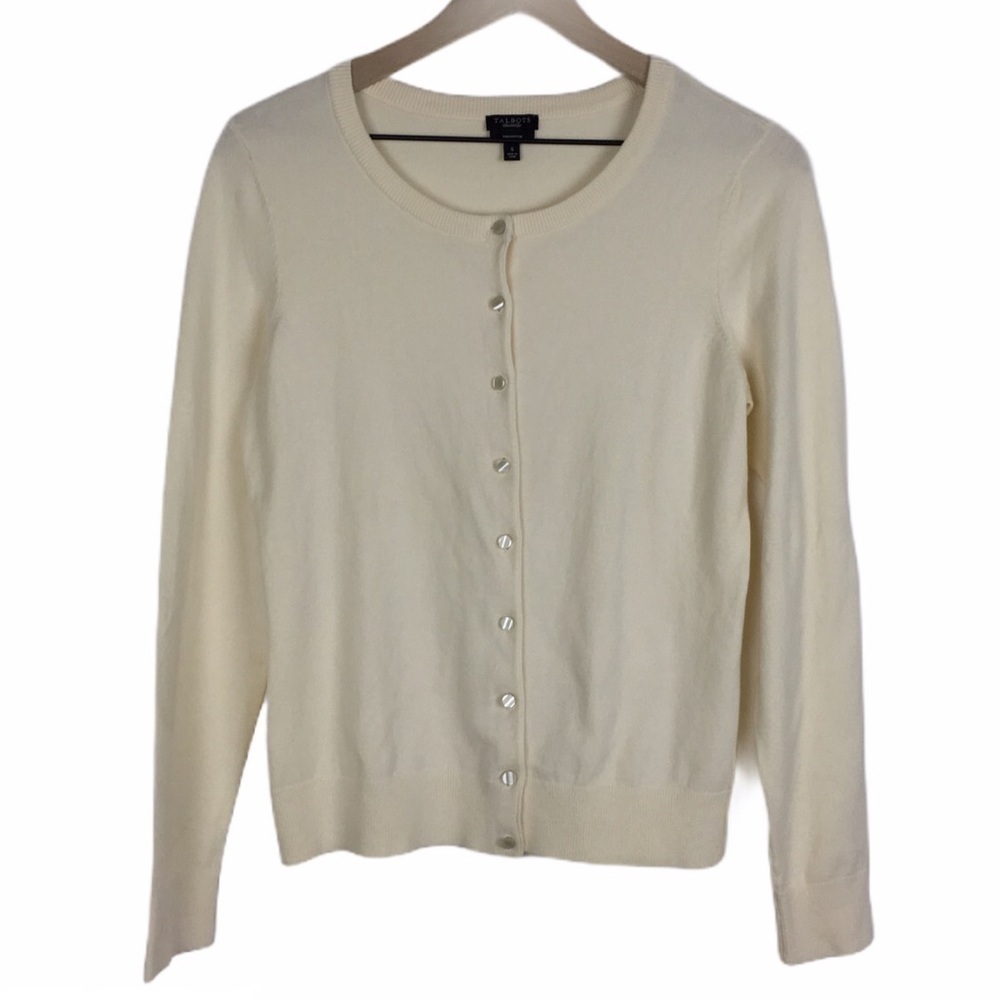 TALBOTS Cardigan Sweater Pima Cotton Classic Style Minimalist Ivory Size Small